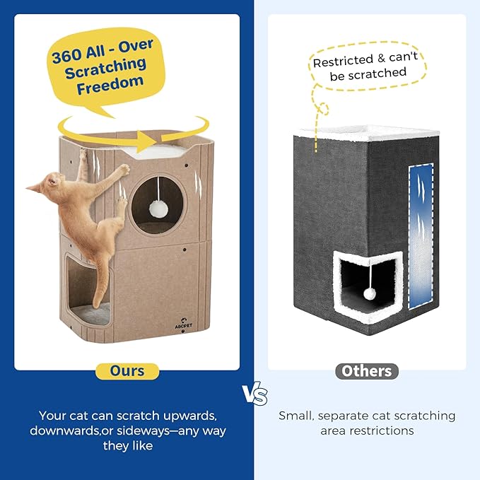 Cat House for Indoor Cats, 2-Storey Cat Bed Cave, Felt Cat Hideaway Condo with Resistant Scratching Freedom Kitten Cube for Multicats Beige