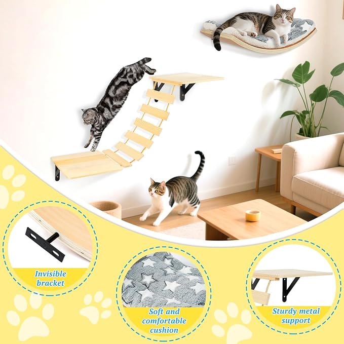 Cat Wall Shelves - Set of 4 Cat Wall Furniture, Curved Cats Shelves and Bridge Ladder & 2 Steps for for Sleeping, Playing, Climbing, and Lounging Modern Furniture for Cats
