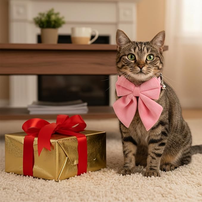 2 Pcs Pink Cat Collar with Bow Bells Breakaway Cat Bowtie Collar with Bell Safety Buckle Cats Collars for Girl Cats Adjustable Soft Cute Kitten Collars for Kitten