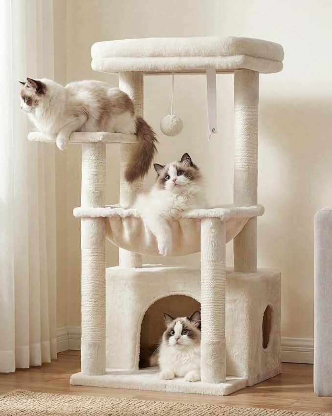 Heybly Cat Tree, Kitten Tower with Large Soft Cat Basket, Cat Condo with Spacious Cat Bed Cave with Hidden Space, Sisal-Covered Scratching Posts, Dangling Ball for Indoor Cats, Beige HCT008SM