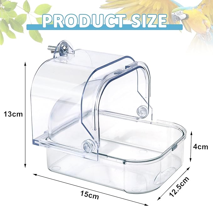 Bird Bath for Cage, Clear Birds Bathtub with Hanging Hooks, Upgraded Bird Bath Box for Cage Accessory Small Birds Parrots Cockatiel Budgies Shower Food Feeder Holder (Large)
