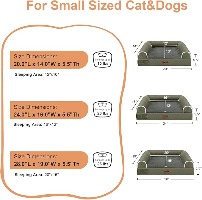 Small Dog Bed Orthopedic Washable: Beds Bolster Small Sized Dogs Bed Egg Crate Foam Couch Sofa Waterproof with Removable Cover - Dark Green