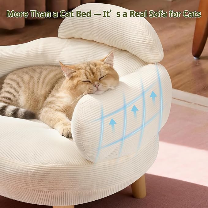 Cat Sofa Furniture-Style Pet Bed with Removable Cotton Velvet Cover, Solid Pine Wood Legs, for Cats and Small Dogs, White
