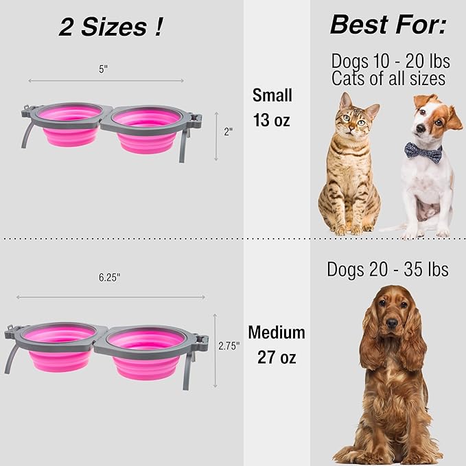 Loving Pets - Bella Roma Double Diner Portable Travel Dog Bowls Collapsible Combined Dog Food & Water Bowls (Pink, Medium)