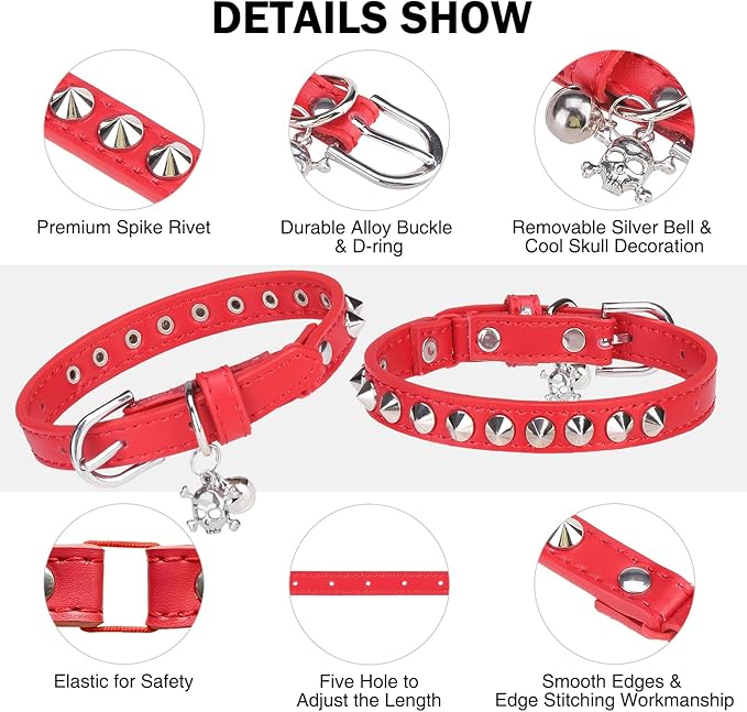 Leather Cat Collars for Boy Girl Cats with Bell and Safety Elastic Belt, Personalized Rivets Stud Adjustable Safe Buckle Collar with Skull Charm for Kitty Small Pets, Red