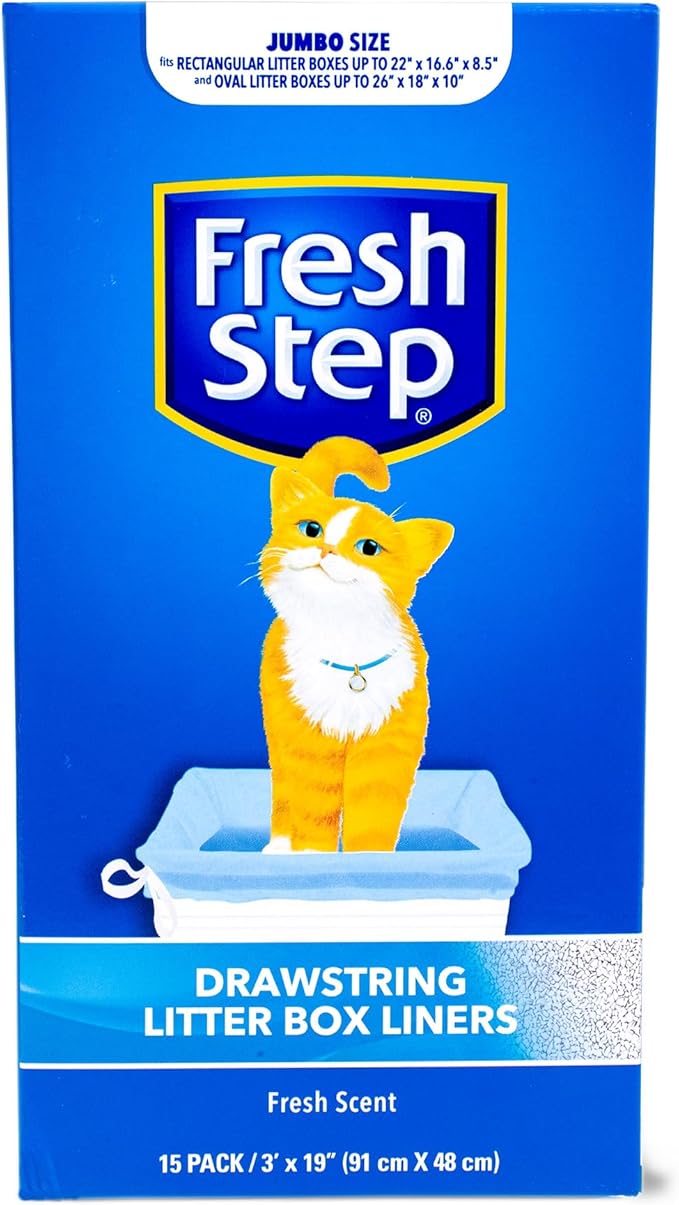Fresh Step Jumbo Drawstring Cat Litter Box Liners, Scented Heavy Duty Kitty Litter Bags for X-Large Oval or Rectangle Pans, Helps Contain Mess for Easy Lift Out Cleanup, 36 x 19 in, 15 Count