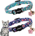 2 Pack Green Flower Cat Collars Breakaway with Bell, DOGWONG Safety Buckle Blue Floral Cute Cat Collar for Girl Boy Cats，Adjustable 7-12 Inch