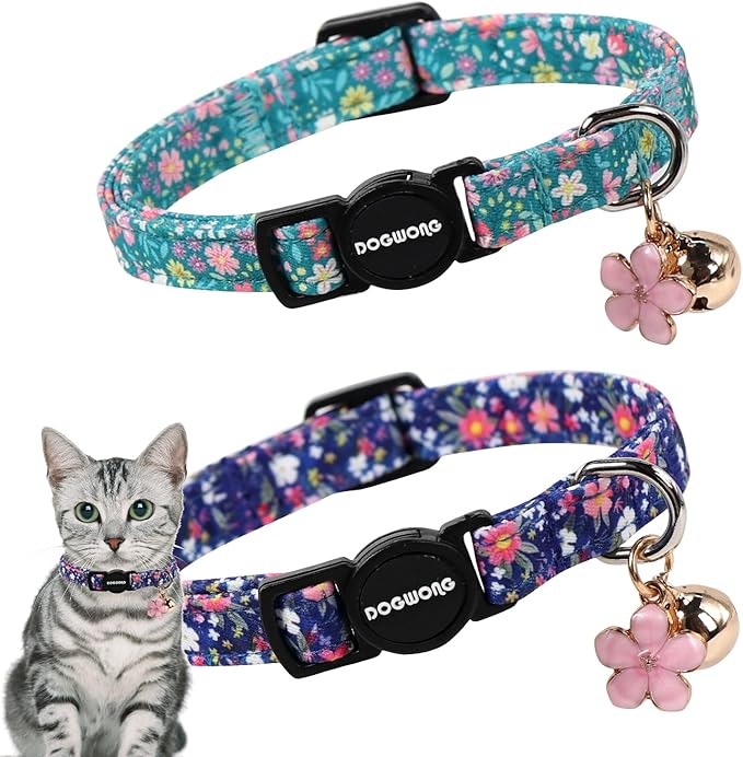 2 Pack Green Flower Cat Collars Breakaway with Bell, DOGWONG Safety Buckle Blue Floral Cute Cat Collar for Girl Boy Cats，Adjustable 7-12 Inch