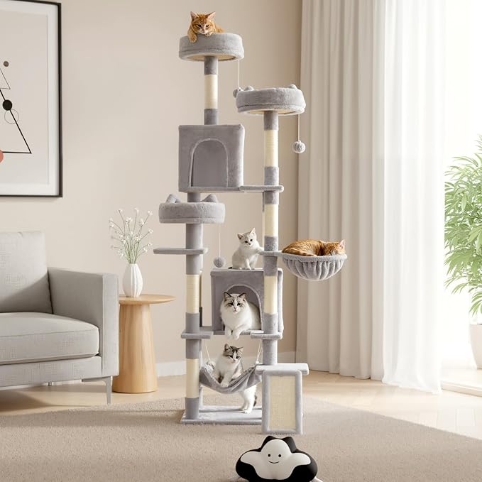 DUMOS Tall Cat Tree 75 Inch, Large Multi-Level Cat Tree Tower with Condo, Perches, Sisal Scratching Posts Board and Hammock, Pet Play House with Dangling Balls for Indoor Cats, Light Grey