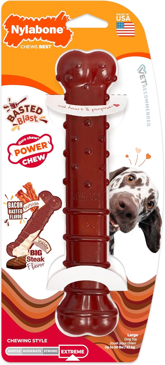 Nylabone Textured Bone Power Chew Toy for Dogs, Durable & Tough Dog Toys for Aggressive Chewers, Basted Blast Bacon and Steak Flavor, Large Dogs - Up to 50 lbs, 1 Count