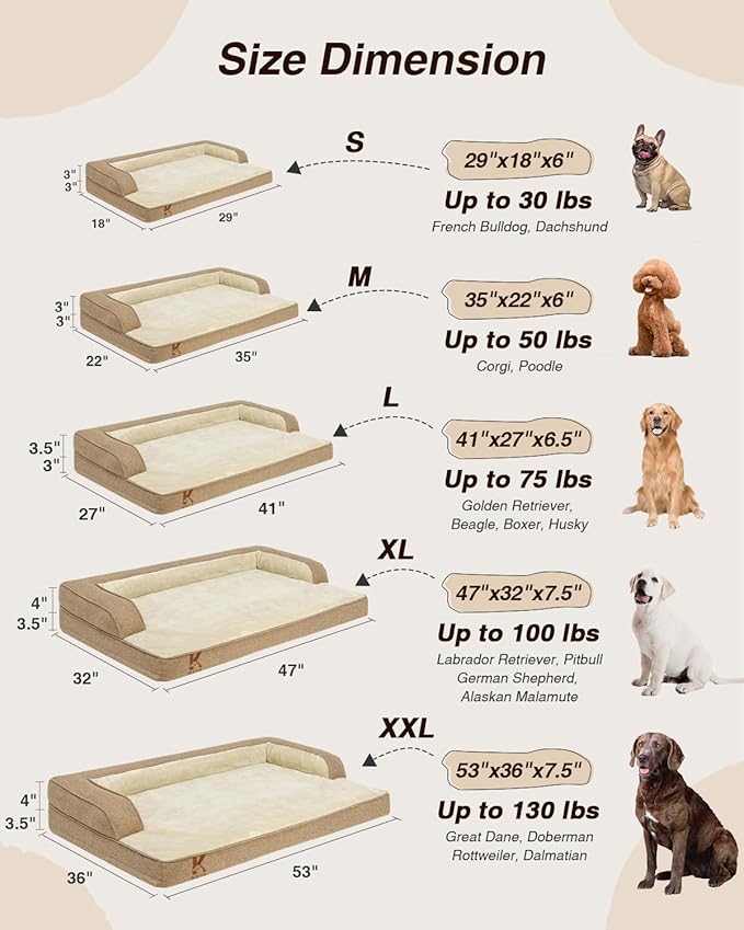 KSIIA Washable Dog Bed XL Senior Dog, Orthopedic Warm Soft Pet Sofa Waterproof Pet Couch with Sides, Non-Slip and Egg-Crate Foam Extra Large Beds with Removable Cover, 41x27Inch, Brown