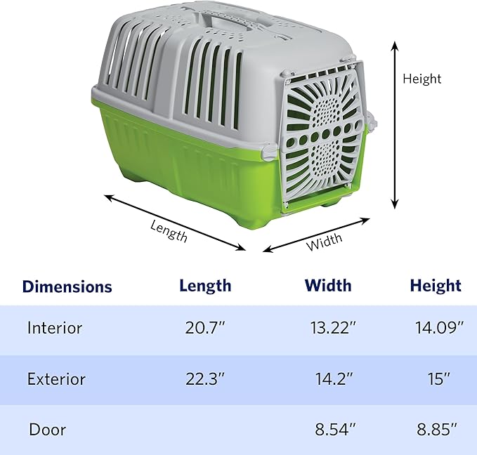 MidWest Homes for Pets Spree Travel Carrier – Hard-Sided Dog & Cat Carrier, Small Pet Travel Crate with Handle, Ventilated Design, Durable Plastic Door, Easy Assembly, 22-Inch, Green
