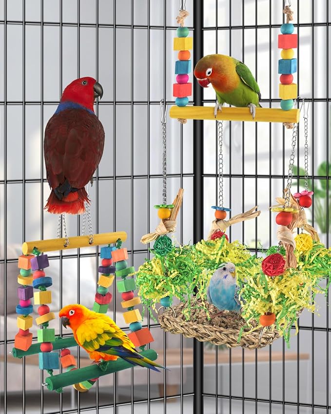 Bird Hammock Toys Parakeet Perches Swing, 3in1 Detachable Parrot Cage Accessories, Wooden Hanging Chew Toys for Medium Conure Cockatiel Quaker Lory
