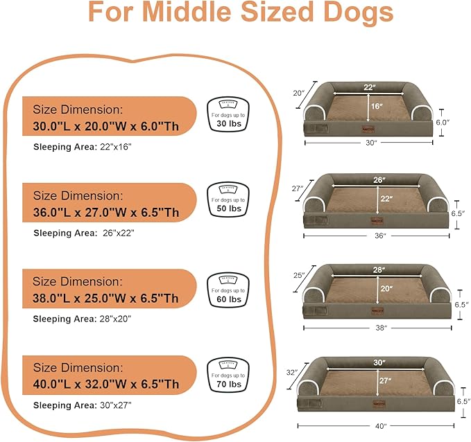 Medium Large Dog Bed Orthopedic Washable: Beds Bolster Medium Large Sized Dog Bed Egg Crate Foam Couch Sofa Waterproof with Removable Cover - Brown