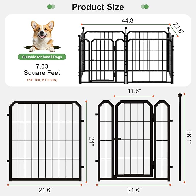Dog Playpen for Indoor & Outdoor, 24 inch 6 Panels Metal Puppy Playpen for Puppies/Small Dogs, Portable Pet Fence for Yard, Camping, Travelling, Black