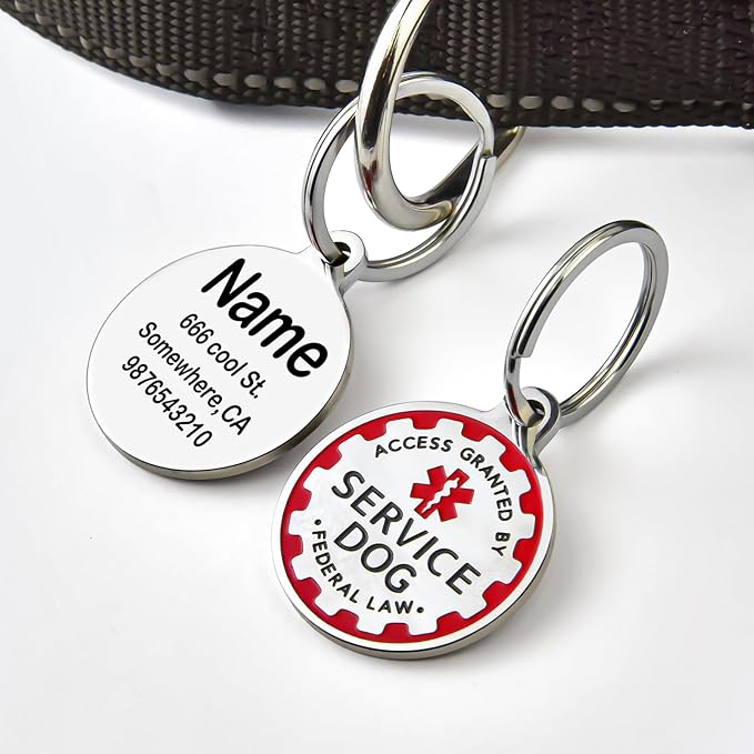 Engraved Personalized Service Dog Tag - Stainless Steel Custom ID Tags for Service Dogs - Essential Therapy Pet Name Badge for Collars, Vests, Harnesses - for Most Breeds, Small to Large