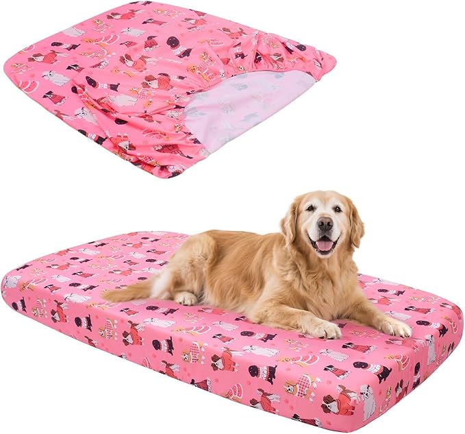 Replacement Dog Bed Covers Elastic Edged Washable Pet Bed Protector with Pink Dog Pattern Design for Medium & Large Pet Beds, Cover Only (Pink, 52.0" L x 28.0" W x 5.0" Th)