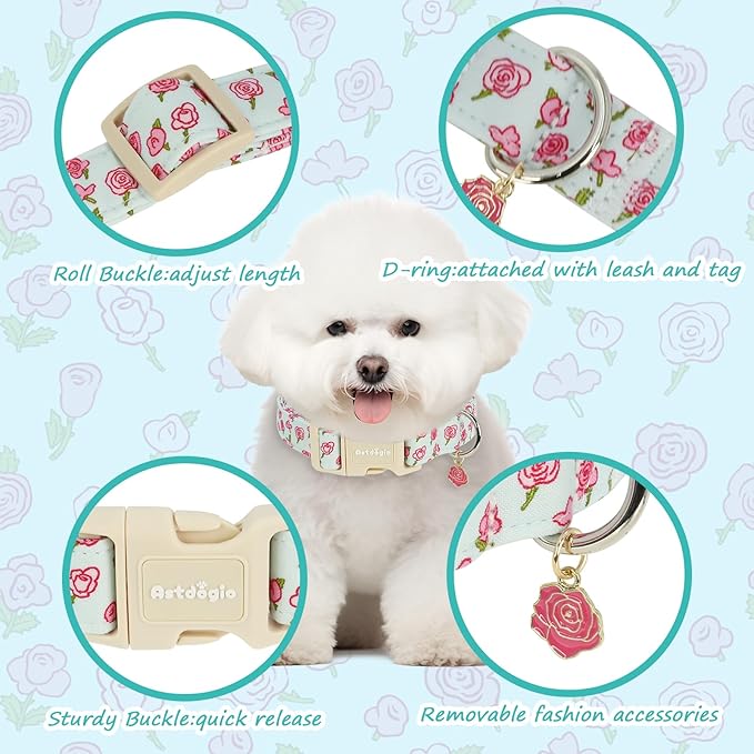 Dog Collar for Small Dogs, Spring &Summer Theme Blue Small Dog Collars with Pink Rose Pattern, Adjustable Puppy Dog Collars, Cute Girl or Boy Dog Collar Ideal for Gifts,Pet Accessory