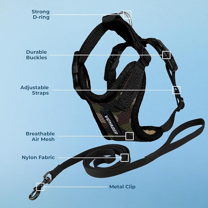 Voyager Escape-Proof Step-in Lock Cat Harness & 5ft Neoprene-Handle Leash Set All-Weather Mesh with Reflective Stitching for Small to Large Cats by Best Pet Supplies, Army/Black Trim, XXS