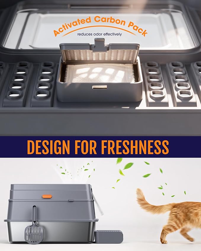 Cat Litter Box - Stainless Steel Litter Box with Lid for Kitty, Metal Base Enclosed Cat Box with Litter Scoop, Elevated Step Box, Activated-Carbon Pack, 23.6" x 15.7" x 15", Grey
