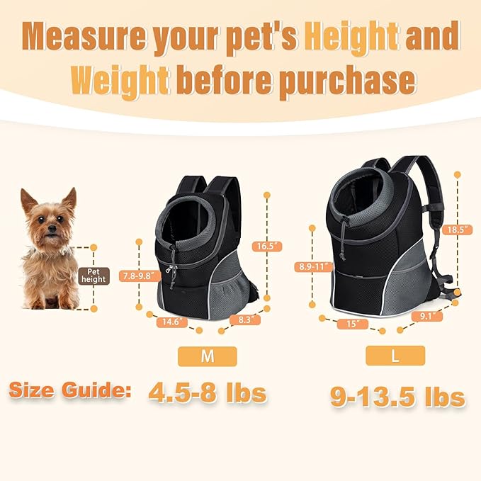 YUDODO Dog Front Carrier Backpack, Adjustable Breathable Pet Carrier for Small Dogs Cats, Ventilated Puppy Back Pack with Safety Belt, Lightweight Doggy Backpack for Hiking Outdoor (Black, L)