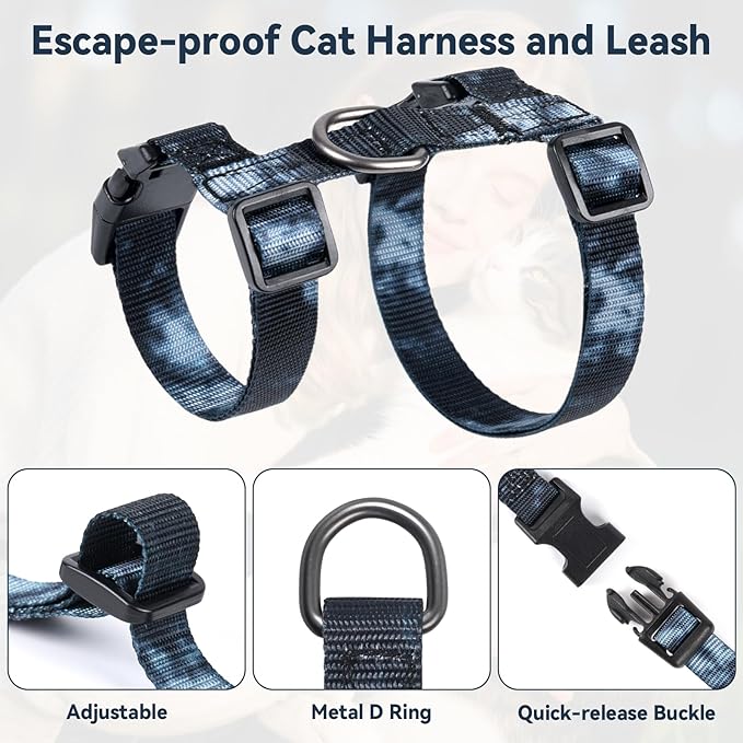 Cat Harness and Leash Set, 3-in-1 Escape Proof Adjustable, Comfortable Soft Lightweight, Safe, Easy to Wear, Walking Travel Kitten Harness for Small Medium Large Cats （Black