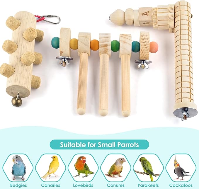 3pcs Natural Wood Bird Perch Toys, Rotating Perch Stand, L-Shaped Perches with Chew Block, Hanging Cork Stopper Toy, Birdcage Accessories for Small Medium Parrots Cockatiels Quaker Caique