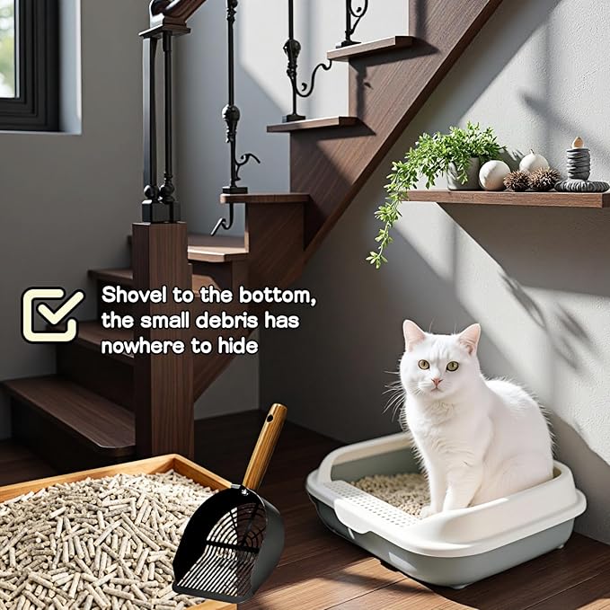 Chinshwehaw Premium Stainless Steel Cat Litter Scoop-Triple Guard Walls&Non-Stick Design,Silver,Flat Shovel Head Design Solid Deep Edge Wood Handle,Dual Hooks 1Pack,6.1x5.3inch (Black Long Strip)