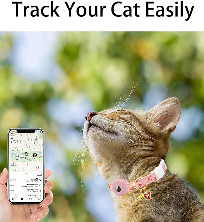 Breakaway Cat Collar with Airtag Holder,Kitten Collar with Apple Air Tag Holder and Bell for Girl Boy Cats, 0.4 Inches in Width and Lightweight. (Pink Heart)
