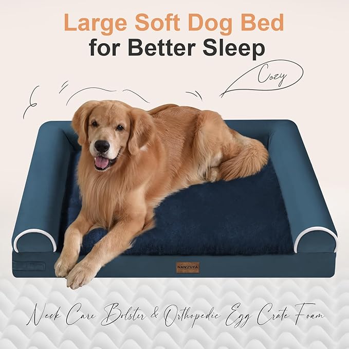 Large Dog Bed Orthopedic Washable: Beds Bolster XL Bed Large Big Dogs Egg Crate Foam Couch Sofa Waterproof with Removable Cover - Navy Blue