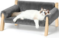 Elevated Cat Couch Bed for Indoor Cats - Wooden Pet Sofa with Removable Washable Thick Cover Raised Kitty Lounge Chair Suitable for Puppy or Small Animals(Cat Sofa Light-Grey)