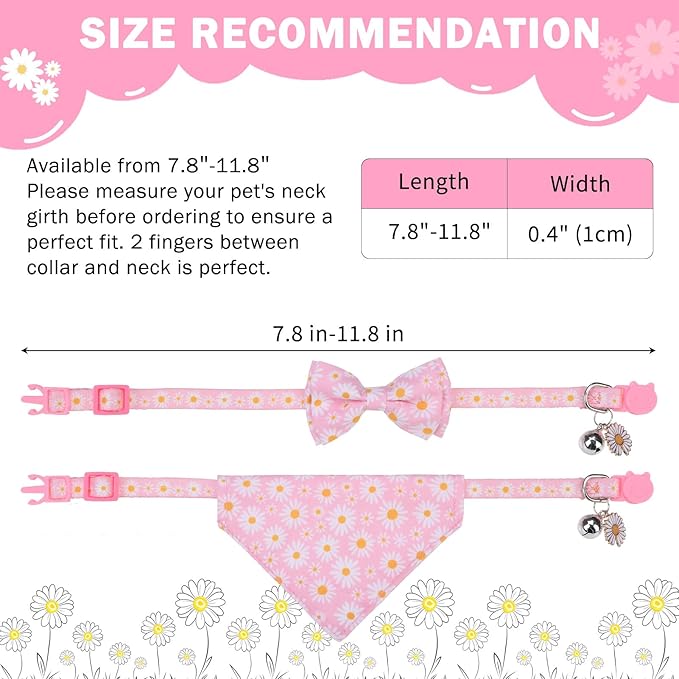 SCENEREAL Spring Cat Collar Breakaway with Bells, 2 Pack Cute Flower Pet Collar with Removable Bow Tie and Bandana, Adjustable Safety Buckle with Daisy Pendants for Girl Cats Kitten