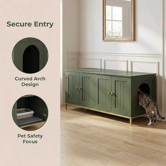 Homhedy Cat Litter Box Enclosure for 2 Cats, Litter Box Furniture Hidden with Double Room, Cat House, 47.2”L x 17.7”W x 21.7”H, Green and Gold