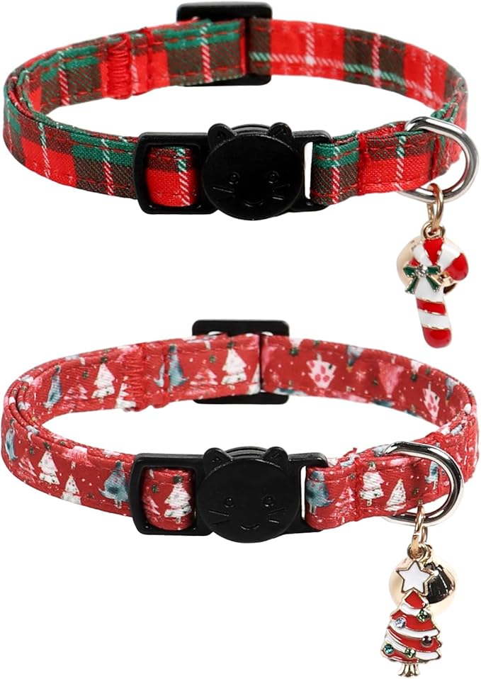 Lionet Paws 2pcs Pack Christmas Cat Collarr,Christmas Tree & Red Green Plaid Cat Kitten Collars with Breakaway Buckle,Ideal for Girl Cats