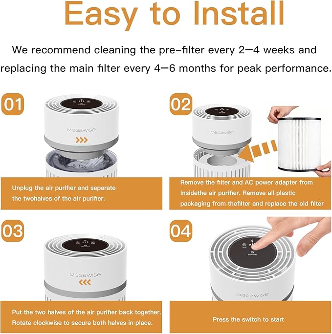 MEGAWISE Air Purifier for Large Rooms, Home, Pets, Bedrooms, Up To 1076 ft² H13 True HEPA Filter, 25db Filtration System Cleaner Odor Eliminators, Remove 99.97% Dust Smoke VOCs