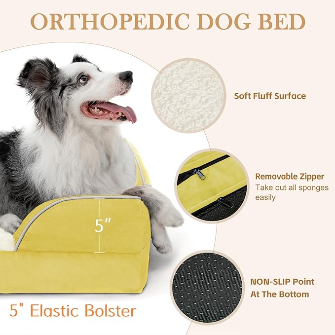 Comfort Expression Orthopedic Dog Bed for Extra Large Dogs 45x35 Inch, Waterproof Egg Crate Foam XL Pet Bed with Removable Bolsters, Dog Couch with Washable Cover & Non-Slip Bottom, Spicy Mustard