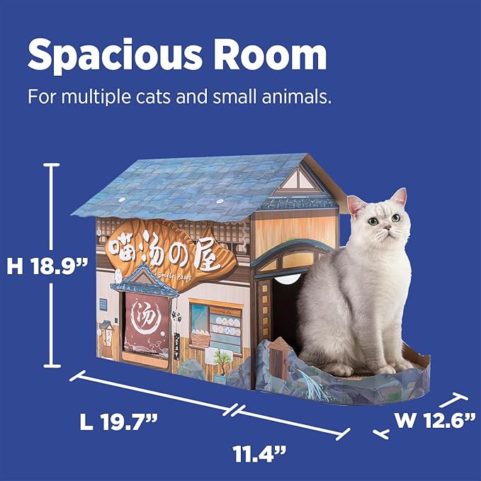 SMILE PAWS Cat Beds for Indoor Cats, Cardboard Cat House with Scratchers, Onsen Hotel, Large Sturdy Cat Furniture Condo Cave Tent, Easy to Assemble Pet Toys Accessories Stuffs, Bunny Small Animals