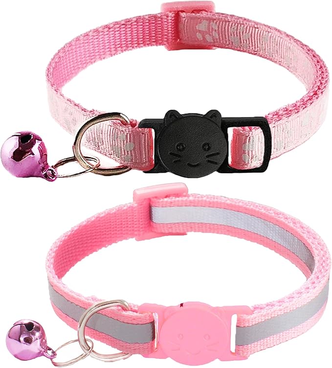 2 Pack Breakaway Cat Collars with Bells, Reflective Design and Claw Print Design, Safety Buckle Kitten Collars Adjustable from 7.5 to 12.5 Inches (Pink)