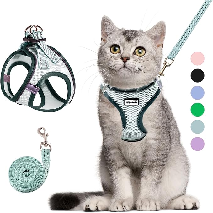 Cat Harness and Leash Set, Soft and Breathable Vest with Reflective Strip, Escape Proof Kitten Harness, Easy to Wear for Cats Walking and Traveling (Light Green, XXS)