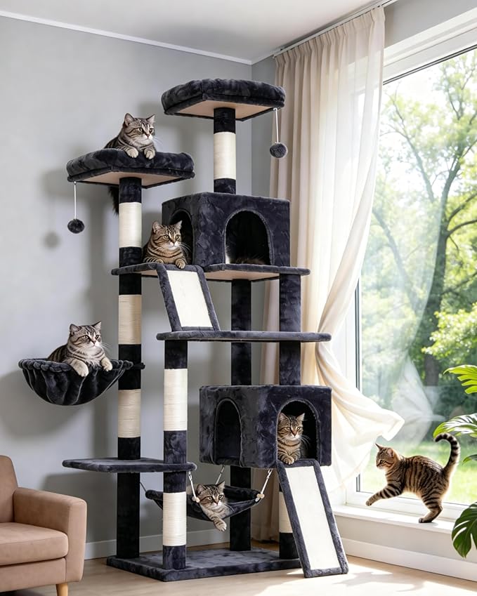 Cat Tree for Indoor Cats, 71'' (180cm) Multi-Level Cat Tower for Large Adult, Sturdy Cat Tree House with 2 Scratching Boards 7 Posts, 2 Plush Perches/Condos, Hammock, Smoky Gray GCT032G