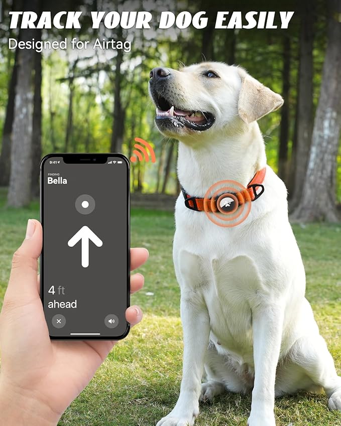 Joytale Airtag Dog Collar, Reflective Pet Collar with Waterproof AirTag Holder, Dual D-Rings, Soft Padded Adjustable for Medium Dogs, Orange, M