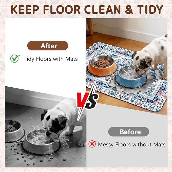 Dog Food Mat for Bowls, Absorbent Quick Dry Dog Cat Mats for Food and Water, Non-Slip Backing Pet Mat Pet Supplies - Blue Vintage Floral Pattern