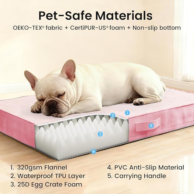 OhGeni Orthopedic Waterproof Dog Bed for Medium Dogs, Machine-Washable Removable Cover in Easy-Clean Fabric, High Density Foam & Easy-Carry Handle, Suitable for Crate, 30 inch (Pink)