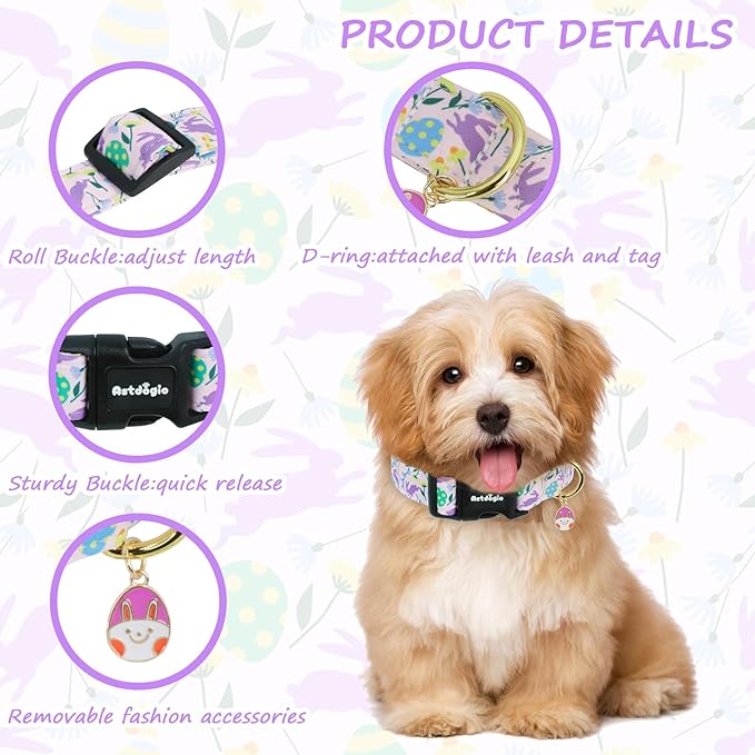 Easter Dog Collar, Spring Easter Egg Print Dog Collar with Purple Rabbit, Adjustable Cotton Puppy Collars Girl Boy Collar for Small Medium Large Dogs -L