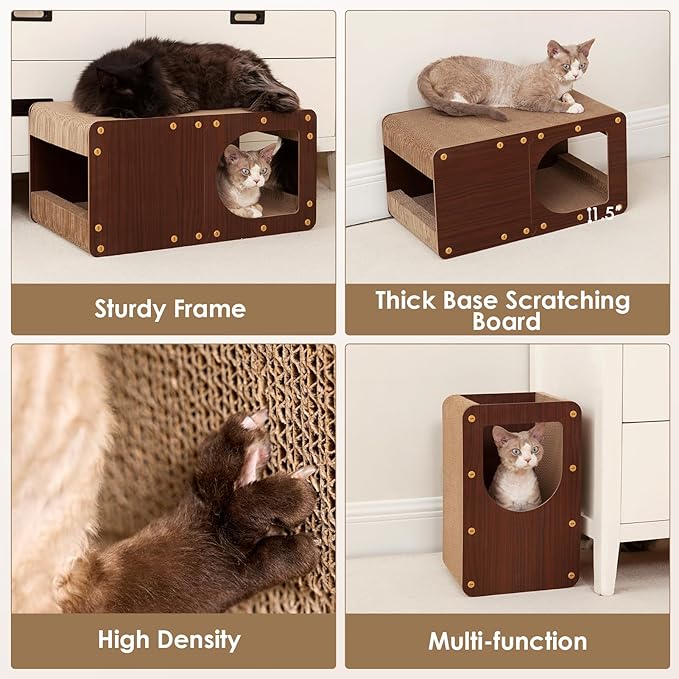 EHEYCIGA Cardboard Cat Scratcher House, 20-Inch Corrugated Cat Scratcher for Indoor Cats, Large Scratching Board Pad, Dark Brown