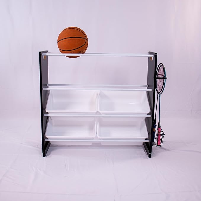 Humble Crew Jayden Sports Equipment Organizer with 2 Ball Racks and 4 Storage Bins – Black/White Rack for Home Gym, Garage & Kids’ Gear, Holds Balls, Bats, Rackets & More