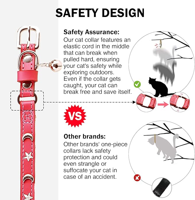 Leather Cat Collars for Boy Girl Cats with Bell and Safety Elastic Belt, Personalized Star and Moon Stud Adjustable Safe Buckle Collar for Kitty Small Big Cats Size 7-9 Inch, Red