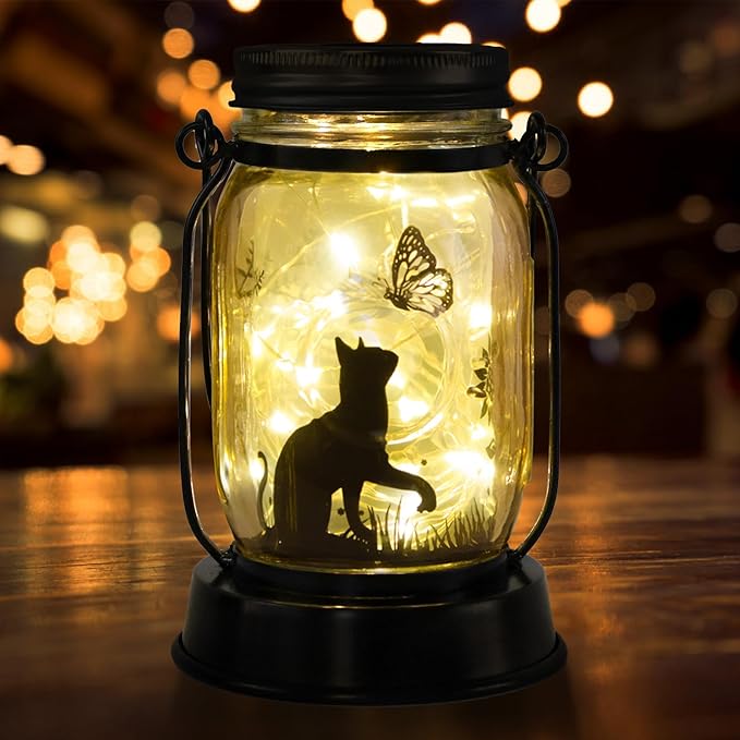 kyoryuger Cat Lover Gifts for Mom/Grandma/Women/Sister Cat Butterfly Solar Light Gifts Solar Lanterns Outdoor Waterproof Fairy Lights Led Mason Jar Hanging Cat Lamps Decor for Garden Yard Torche