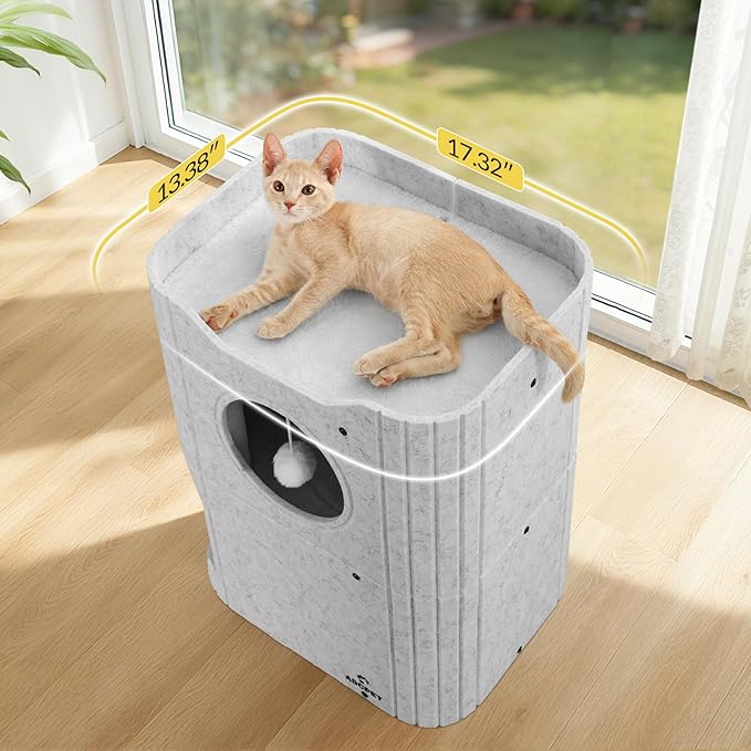 Cat House for Indoor Cats, 2-Storey Cat Bed Cave, Felt Cat Hideaway Condo with Resistant Scratching Freedom Kitten Cube for Multicats Light Gray