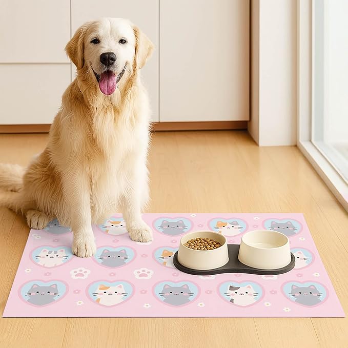Cat Feeding Mat 24x16 inch Pink Heart Kitten Print Pet Bowl Placemat Non Slip Floor Mat for Food and Water Indoor Kitty Feeding Station Cute Meal Pad for Small Pets Kitchen Use